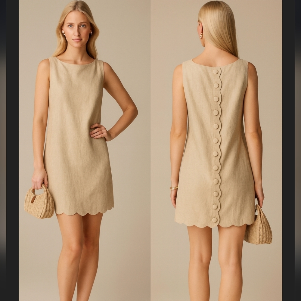 J. Crew Scalloped-trim shift dress in linen in Tan